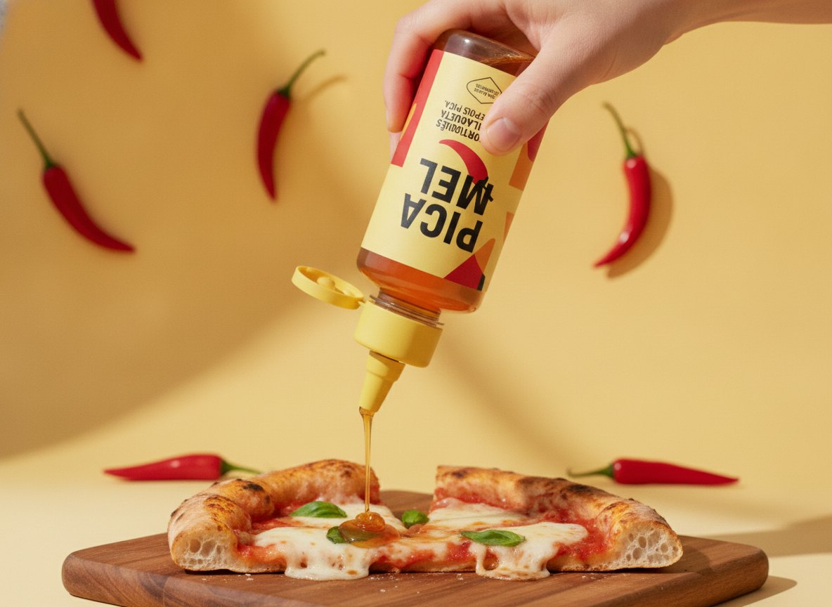 PICA MEL a escorrer sobre uma fatia de pizza margherita